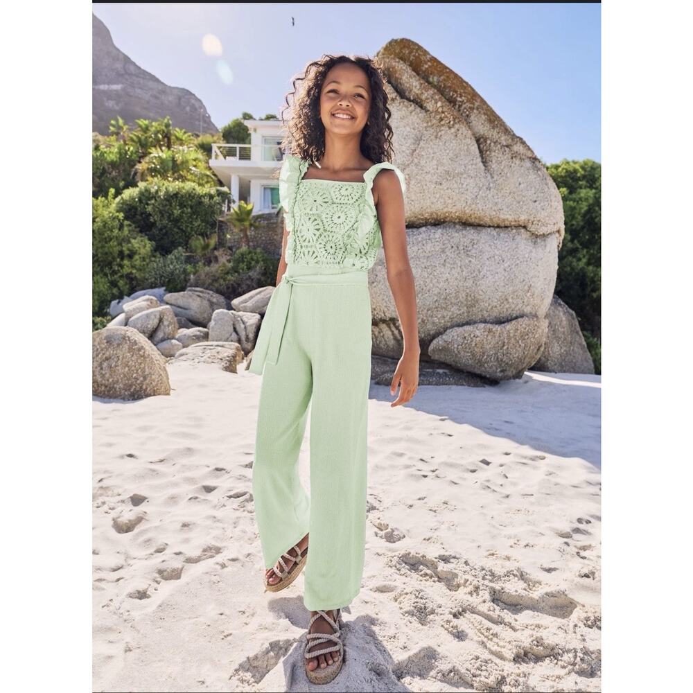 Lipsy Girls Green Crochet Knit Jumpsuit 11-12 years Sleeveless Square Neck Belt